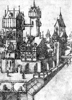 Часы на городской башне. гравюра (XV в.)