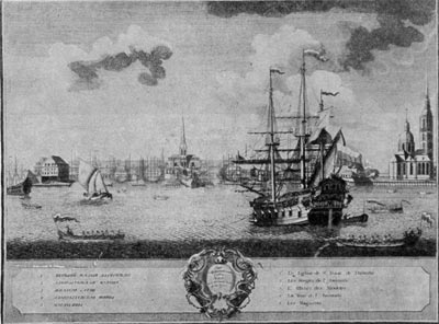 Петербург. Адмиралтейство. Гравюра Марселиуса с рисунком Эллигера. 1725 г.