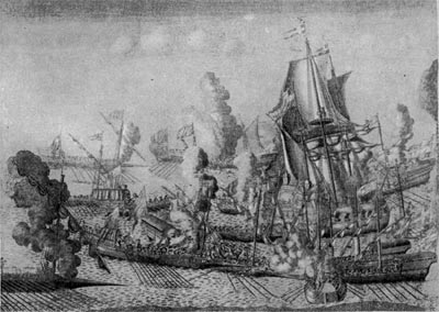 Морское сражение при Гангуте. Гравюра А.Зубова 1715 г.