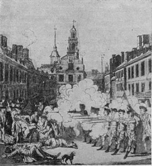 Расстрел жителей Бостон английскими войсками. Гравюра П. Ривери 1770 г.