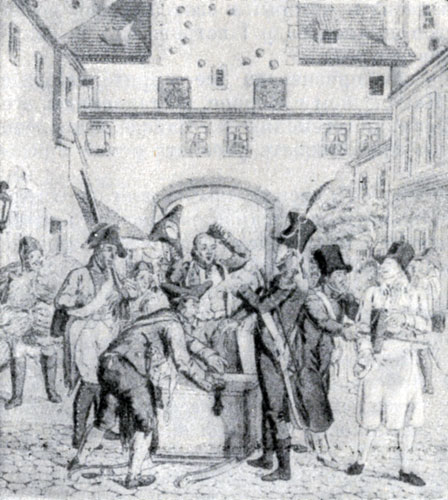 Конфискация английских товаров французскими войсками в Лейпциге. Рисунок 1806 г.