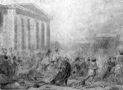 Разгромленнная наполеоновская армия в Вильно. Рисунок начала XIX в.