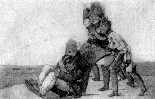 Людовик XVIII - игрушка в руках европейских монархов. Французская карикатура начала XIX века.