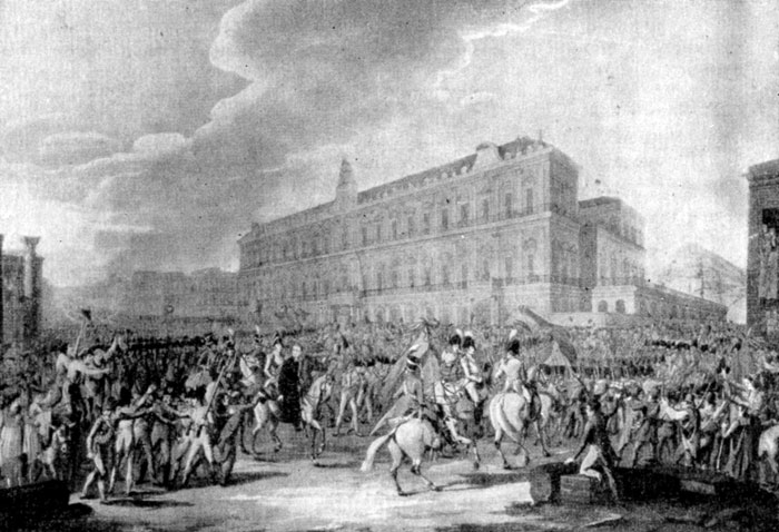 Пепе во главе ревоюционной армии вступает в Неаполь 9 июля 1820 г. Т. М. Ругендас.