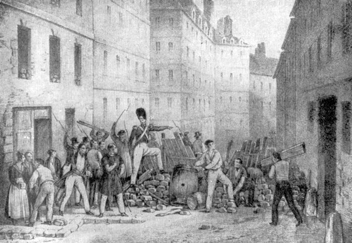 Баррикада 28 июля 1830 г. в Париже. Гравюра по рисунку Ж. Свебака-Дефонтена. 1830 г.
