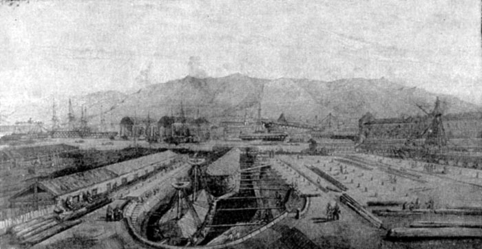 Верфь в Тулоне. Гравюра по рисунку П. Летюера. 1846 г.