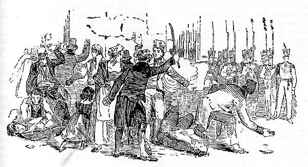 Стачка в Престоне (Англия). Войска стреляют в рабочих. Гравюра 1842 г.