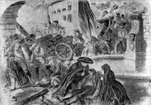 Столкновение восставшего народа Мадрида с королевскими войсками в 1856 г. Гравюра 1856 г.