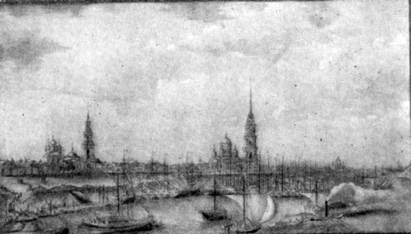 рыбинская пристань. Рисунок И. Белоногова. 1830 г.