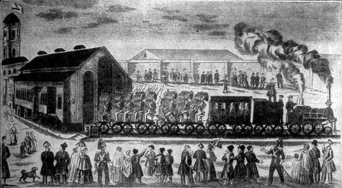 Отправление поезда по дороге Москва-Петербург 12 сентября 1851 года. Литография Е. Яковлева.