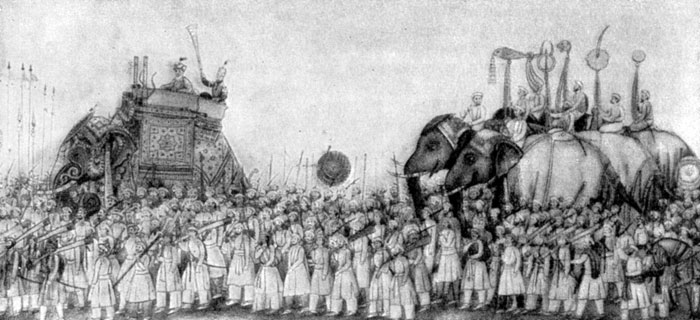 Шествие Великого Могола, сопровождаемого английским резидентом. Индийская миниатюра 50-х годов XIX в.