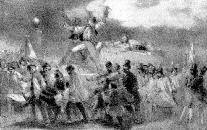 Париж вечером 23 февраля 1848 г. Процессия с телами убитых демонстрантов. Литография середины XIX в.