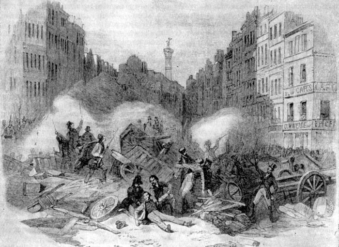 Баррикада в Сент-Антуанском предместье Парижа 3 декабря 1851 г. Гравюра 1852 г.