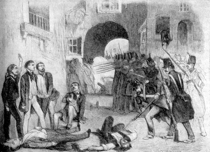 Расстрел арестованных в квартале Тампль (Париж) 5 декабря 1851 г. Гравюра 1852 г.