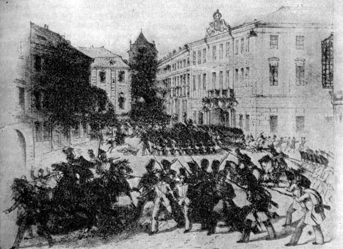 Первое столкновение восставших с правительственными войсками в Праге в июне 1848 г. Литография Рошерада.