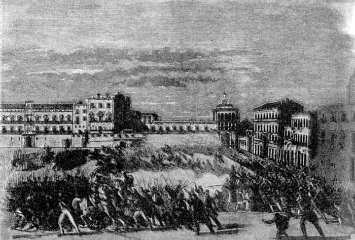 Сражение повстанцев с королевскими войсками в Палермо 13 января 1848 г. Гравюра 1848 г.