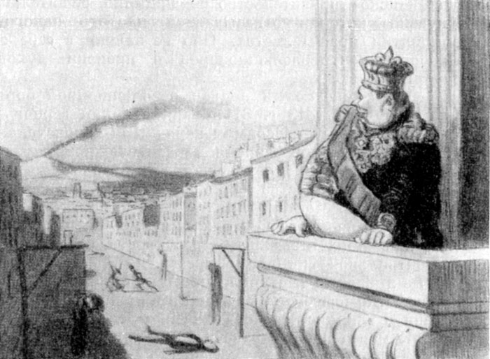 'лучший из королей продолжает поддерживать порядок в своем государстве'. Карикатура на неаполитанского короля Фердинанда II. Литография О. Домье. 1851 г.