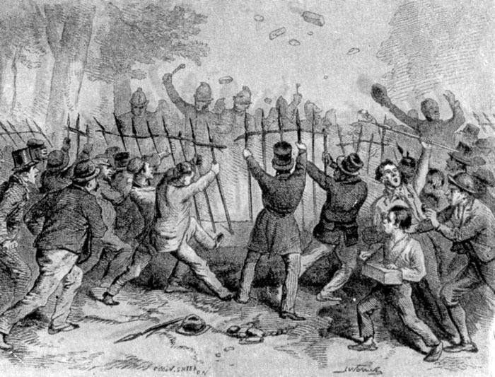 Столкновение рабочих с полицией в Гайд-парке (Лондон) 22 июля 1866 г. Гравюра 1866 г.