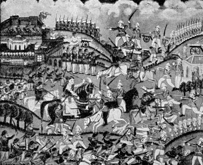 Лакшми Бай во время сражения с английскими войсками у Джанси. Индийский лубок.
