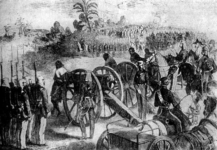 Расправа английских войск с восставшими сипаями. гравюра с рисунка М. Шруда. 1859 г.