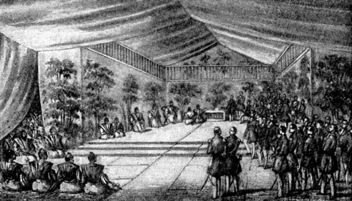Миссия Перри на приеме у представителей сёгуна в Ураге. Рисунок 50-х годов XIX в.