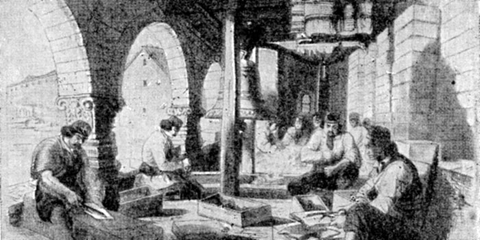 Изготовление патронов черногорскими повстанцами в Цетинском монастыре. Гравюра по рисунку Ф. Канитца. 1858 г.