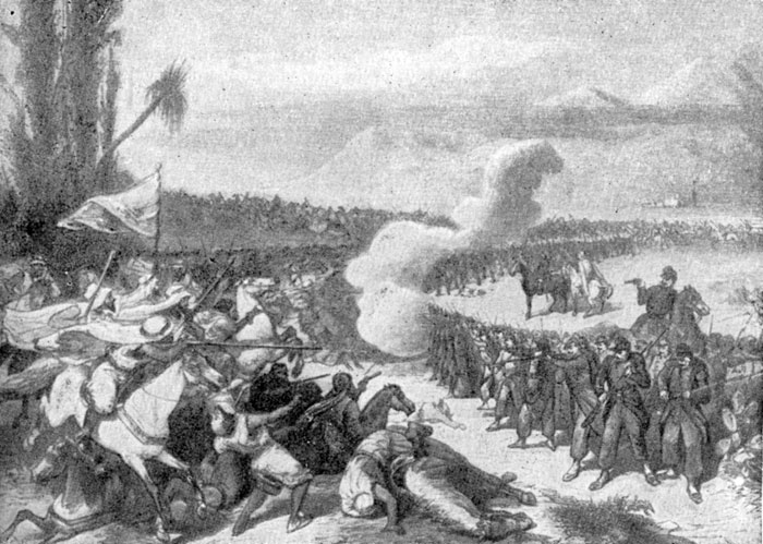 Сражение между французскими войсками и повстанцами в Али-Махди (Алжир). Гравюра 1869 г.
