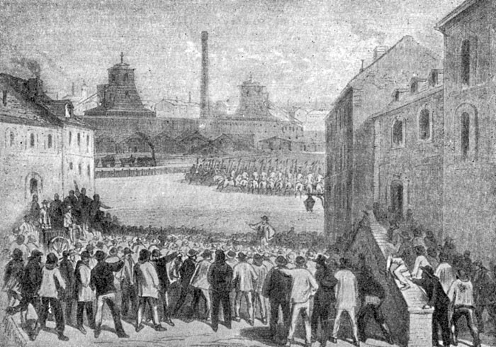 Забастовка в Крезо. Гравюра 1870 г.