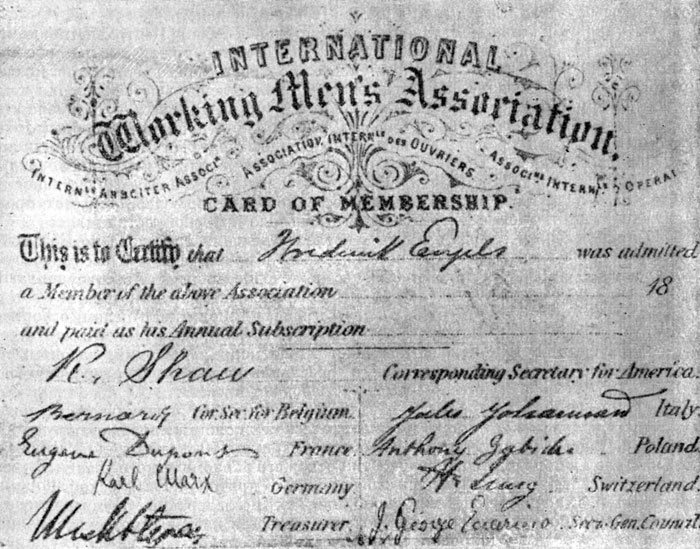 Членский билет Международного товарищества рабочих, выданный Ф. Энгельсу. (Увеличен.)