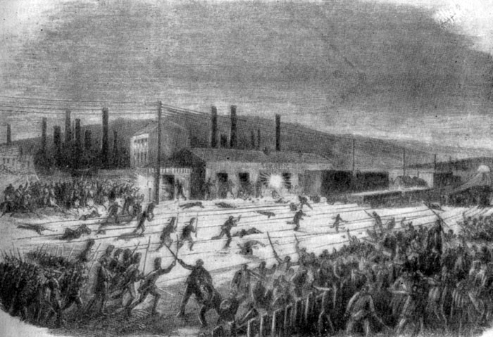 Забастовка на каменноугольных шахтах в Серене (Бельгия). Гравюра 1869 г.