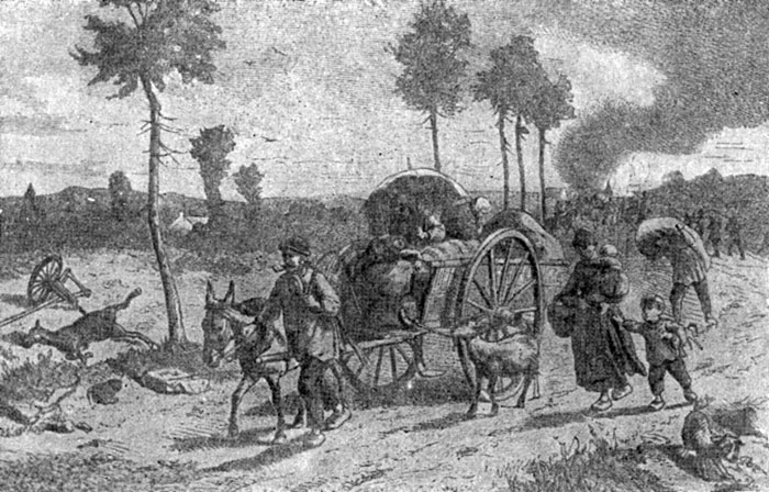Французские крестьяне покидают горящую деревню. Гравюра 1871 г.