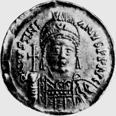 Золотая монета императора Юстиниана I (527-565 гг.) Майнц. Римско-германский центральный музей.