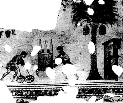 Финиковая пальма, две фигуры с колесами. Мозаика, украшавшая пол Большого дворца в Константинополе. Вторая половина VI в. (?)
