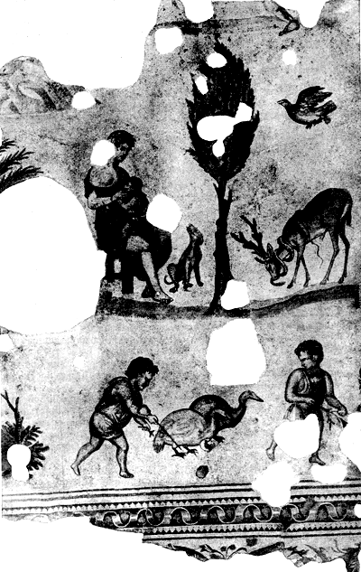 Женщина с ребенком. Борьба оленя со змеей. Голубь. Два мальчика и гуси. Мозаика, украшавшая пол Большого дворца в Константинополе. Вторая половина VI в. (?) 