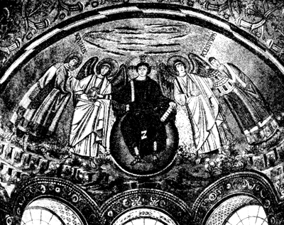 Христос Эммануил с архангелами, Св. Виталием и основателем церкви. Апсидная мозаика церви Сан-Витале в Равенне. Ок. 547 г.