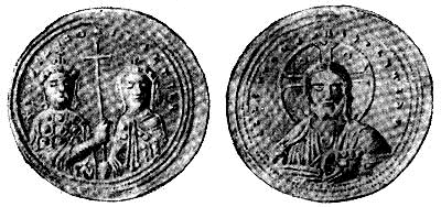 Византийская монета императоров Василия II (976-1025 гг.) и Константина VIII (1025-1028 гг.) Париж. Кабинет медалей  