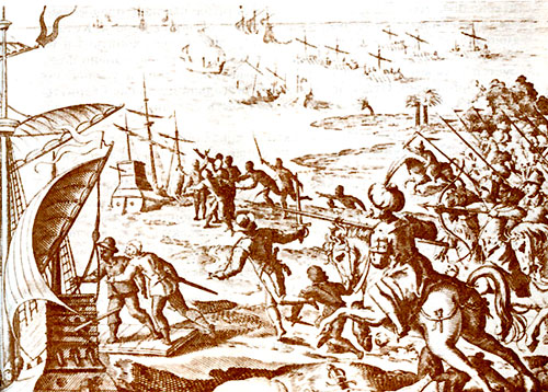 Сражение мусульманского войска с португальцами, высаживающимися на берег. Рисунок из мастерской де Бри (1599)