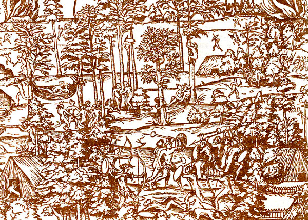 Жизнь бразильских индейцев в представлении европейцев. Французская гравюра по дереву 1551 год