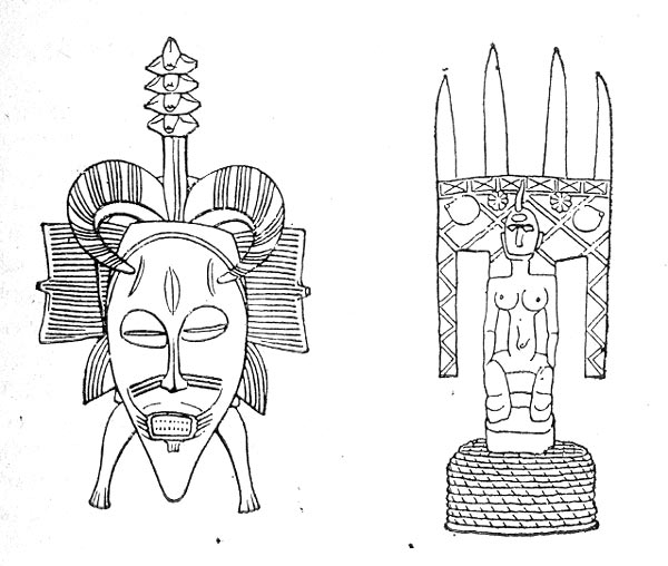 Слева — маска  члена  женского  общества,  народ сенуфо. Справа — головной убор,   который надевают  мальчики во время инициации, народ бамбара.