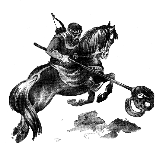 Воин на коне копьем продевает маску