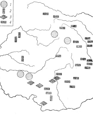 Расселение славян в Карпатах по данным топонимии:  сводная карта-схема: 1 - коренные земли; 2 - западная граница; 3 - южная граница; 4 - восточная граница