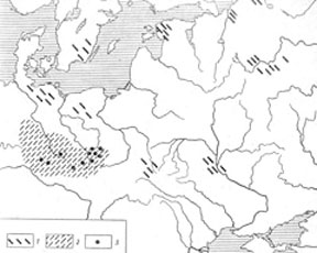Антропологические типы Центральной и Восточной Европы в эпоху неолита и ранней бронзы (по Т. А. Трофимовой): 1 - долихокранный широколицый (кроманьоидный); 2 - долихокранный узколицый; 3 - тип, соответствующий культуре ленточной керамики