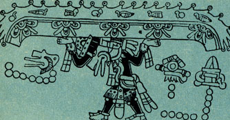 Кецалькоатль (он же Атлас), держащий на плечах небесный свод. Древнеиндейский рисунок