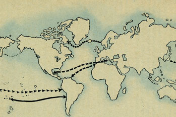 Схематическая карта с указанием основных направлений древних контактов Старого и Нового Света