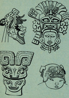 Сходные изображения головных уборов в виде 'головы тигра': вверху - индеец-миштек, XIV - XV вв.: индеец-сапотек, VIII в.; внизу - китайские изображения разных времен