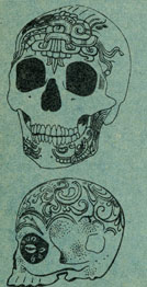 Орнаментированные черепа. Вверху - Каминальгуйю, Гватемала, III - VI вв.; внизу - о. Бернео, Юго-Восточная Азия, XVI - XVII вв