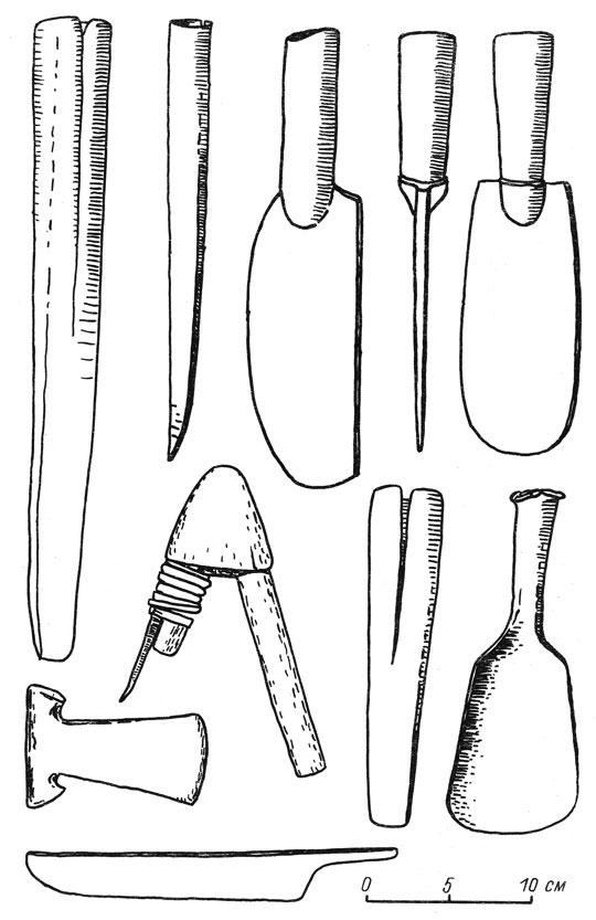 Массивные бронзовые орудия с северного и центрального побережья Перу, найденные в погребениях инкского и позднего прединкского времени. По А. Бесслеру.