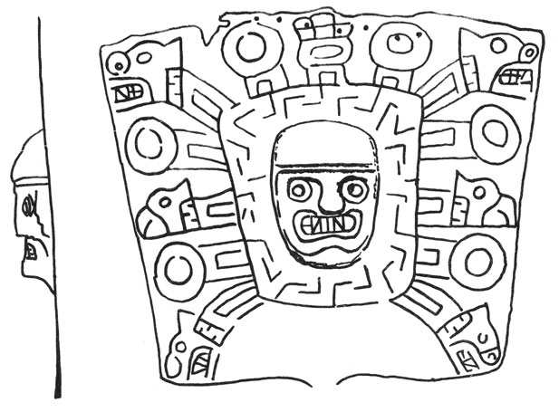 Навершие золотой булавки культуры уари с изображением божества (из клада, обнаруженного в районе Куско; по С. Чавесу).