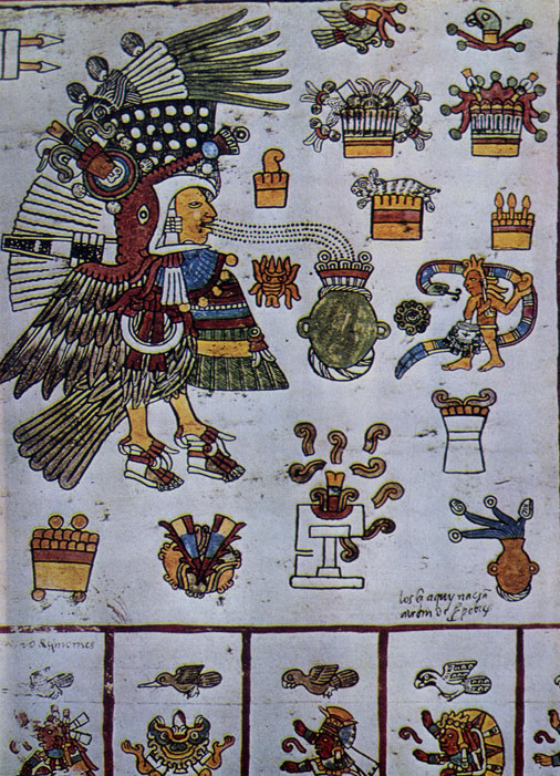 Страница из Кодекса Борбоникус, на которой изображен Тескатлипока и жертвоприношения. Ацтекская культура