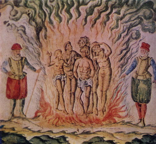 Сожжение испанцами индейцев. Рис. Самуэля Шамплэна (начало XVII века), акварель